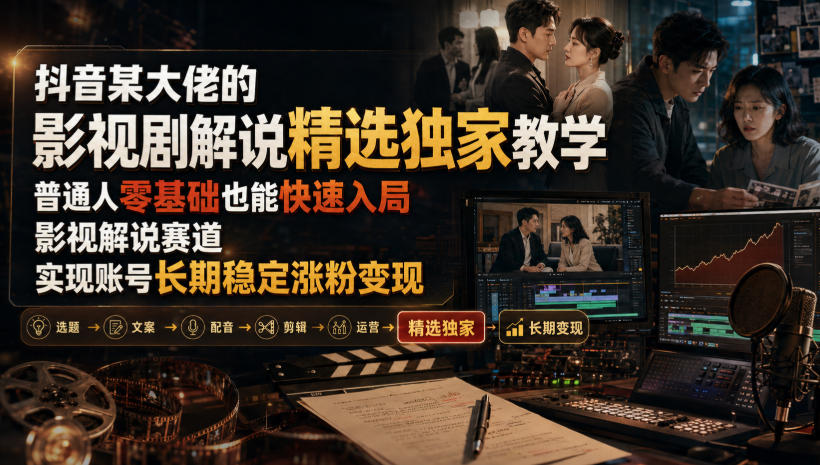 抖音某大佬的影视剧解说精选独家教学，普通人零基础也能快速入局影视解说赛道，实现账号长期稳定变现-续财库