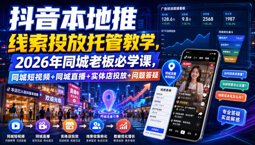抖音本地推线索投放托管教学，2026年同城老板必学课，同城短视频+同城直播+实体店投放+问题答疑-续财库