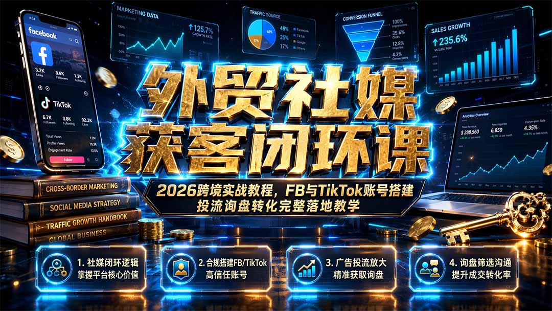 外贸社媒获客闭环课｜2026跨境实战教程，FB与TikTok账号搭建投流询盘转化完整落地教学-续财库