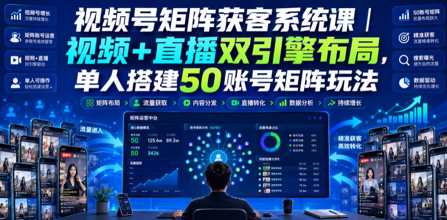 视频号矩阵获客系统课｜视频+直播双引擎布局，单人搭建50账号矩阵玩法，流量入池、搜索占位、全域引流沉淀私域全流程教学-续财库