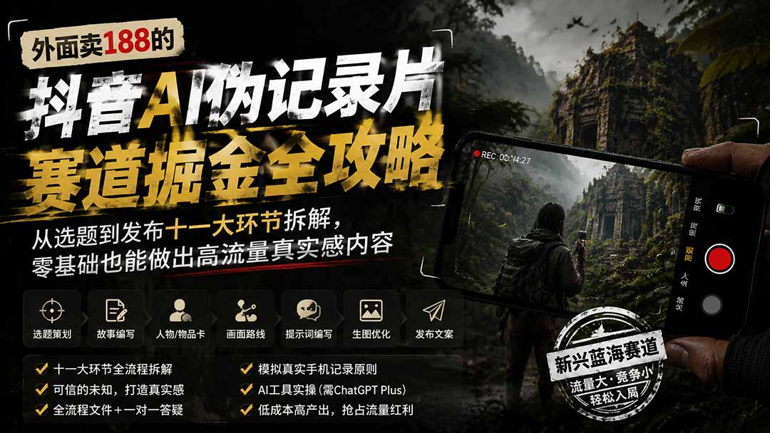 外面卖188的抖音AI伪记录片赛道掘金全攻略;从选题到发布十一大环节拆解,零基础也能做出高流量真实感内容-续财库