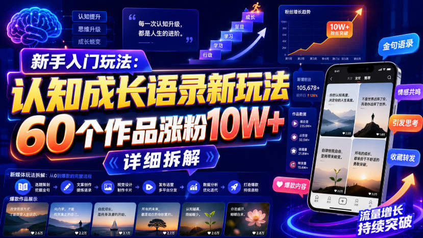 新手入门玩法：认知成长语录新玩法，60个作品涨粉10W+，详细拆解-续财库