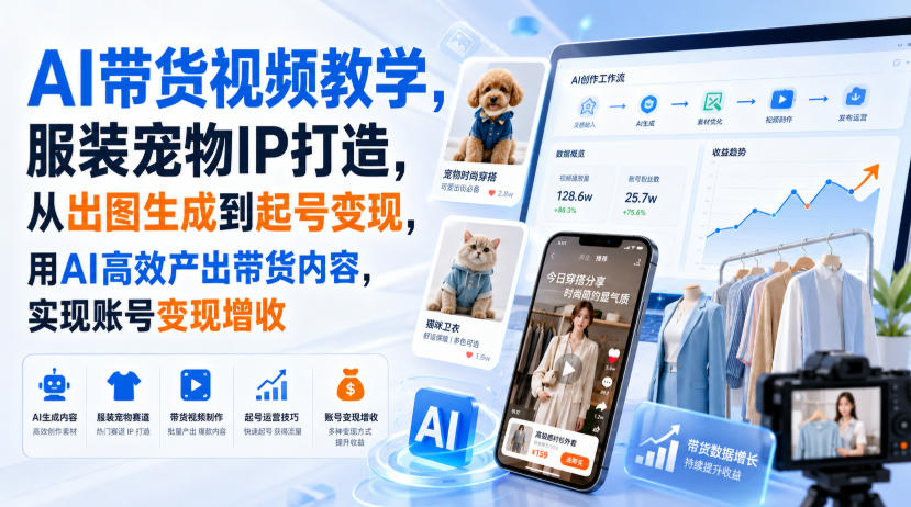AI带货视频教学,服装宠物IP打造,从出图生成到起号变现,用AI高效产出带货内容,实现账号变现增收-续财库
