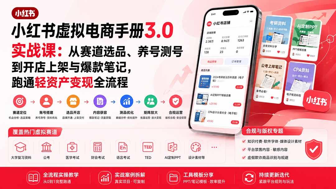 小红书虚拟电商手册3.0实战课：从赛道选品、养号测号到开店上架与爆款笔记，跑通轻资产变现全流程-续财库