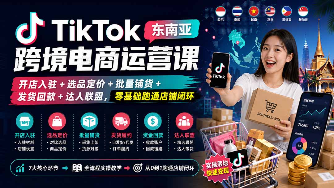 TikTok东南亚跨境电商运营课：开店入驻+选品定价+批量铺货+发货回款+达人联盟，零基础跑通店铺闭环-续财库