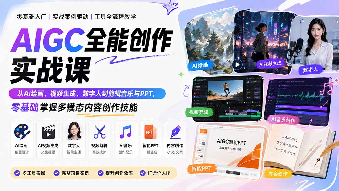AIGC全能创作实战课:从AI绘画、视频生成、数字人到剪辑音乐与PPT,零基础掌握多模态内容创作技能-续财库