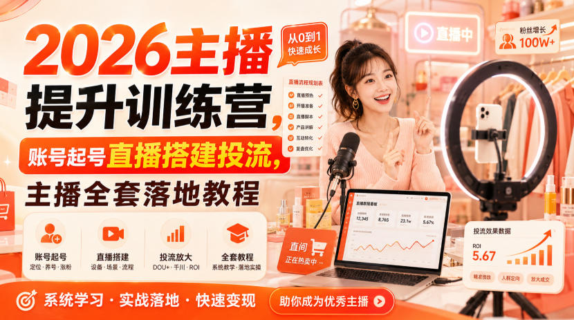 2026主播提升训练营，账号起号直播搭建投流，主播全套落地教程-续财库