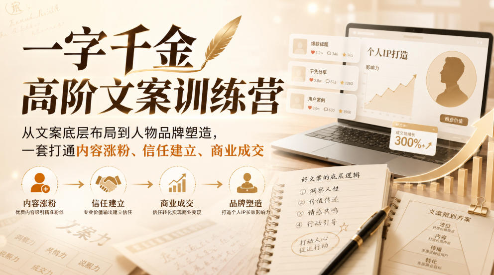 一字千金高阶文案训练营,从文案底层布局到人物品牌塑造,一套打通内容涨粉、信任建立、商业成交-续财库
