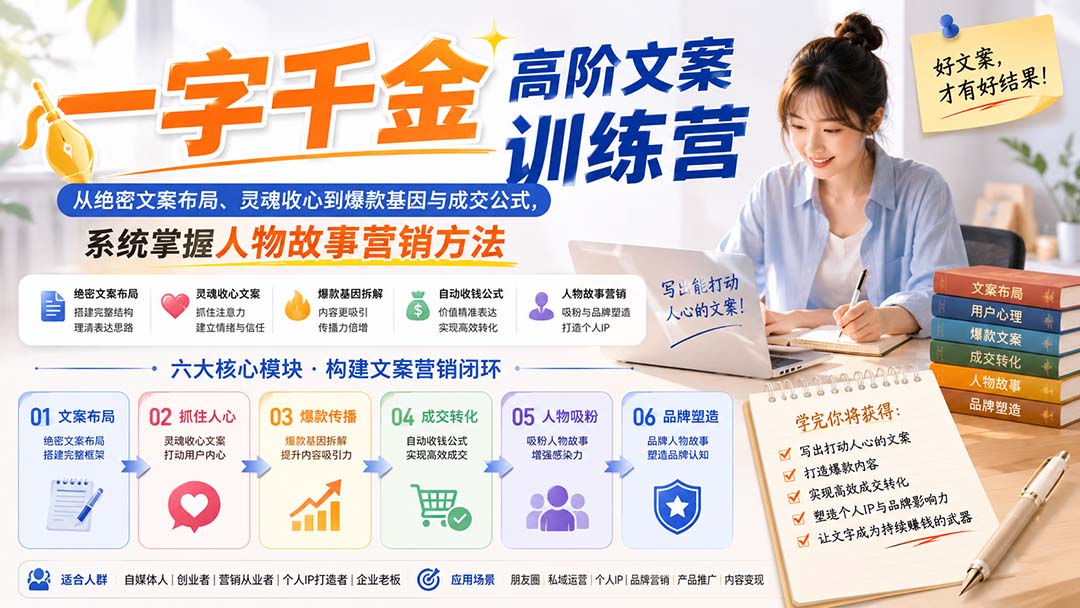 一字千金高阶文案训练营：从绝密文案布局、灵魂收心到爆款基因与成交公式，系统掌握人物故事营销方法-续财库