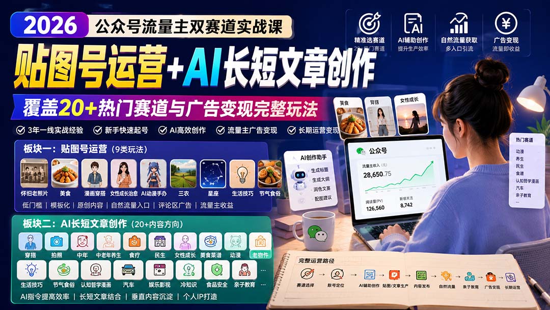 公众号流量主双赛道实战课：贴图号运营+AI长短文章创作，覆盖20+热门赛道与广告变现完整玩法-续财库