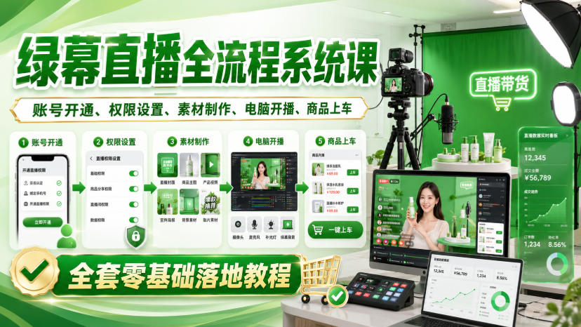 绿幕直播全流程系统课，账号开通、权限设置、素材制作、电脑开播、商品上车全套零基础落地教程-续财库