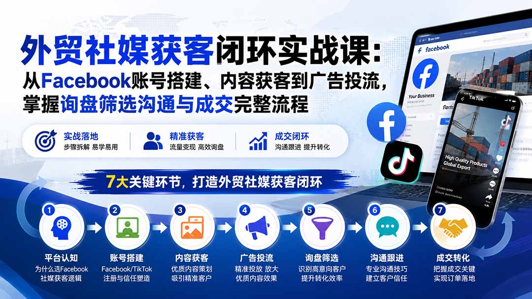 外贸社媒获客闭环实战课:从Facebook账号搭建、内容获客到广告投流,掌握询盘筛选沟通与成交完整流程-续财库