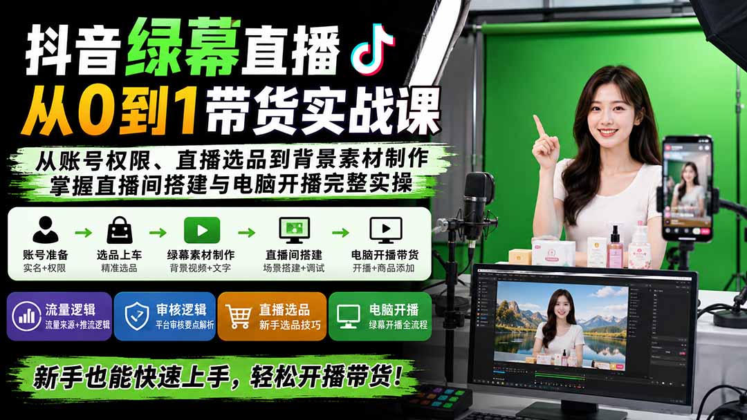 抖音绿幕直播从0到1带货实战课：从账号权限、直播选品到背景素材制作，掌握直播间搭建与电脑开播完整实操-续财库