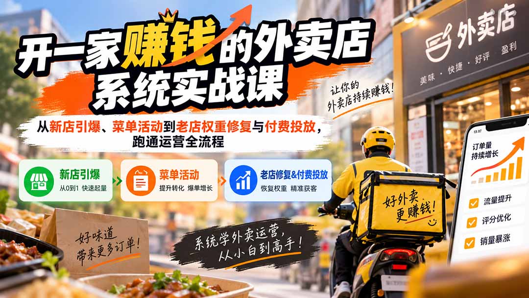 开一家赚钱的外卖店系统实战课:从新店引爆、菜单活动到老店权重修复与付费投放,跑通运营全流程-续财库