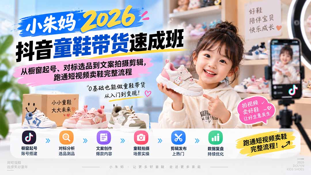 小朱妈2026抖音童鞋带货速成班:从橱窗起号、对标选品到文案拍摄剪辑,跑通短视频卖鞋完整流程-续财库