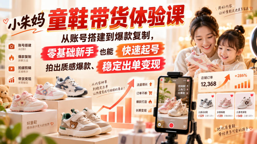 小朱妈童鞋带货体验课,从账号搭建到爆款复制,零基础新手也能快速起号、拍出质感爆款、稳定出单变现-续财库
