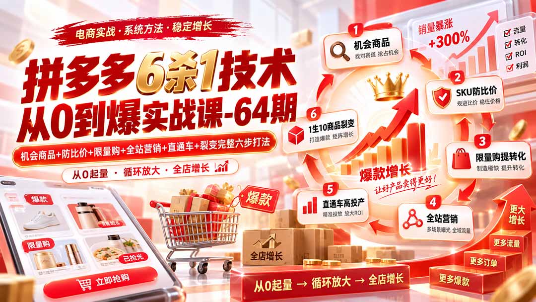拼多多6杀1技术从0到爆实战课-64期:机会商品+防比价+限量购+全站营销+直通车+裂变完整六步打法-续财库