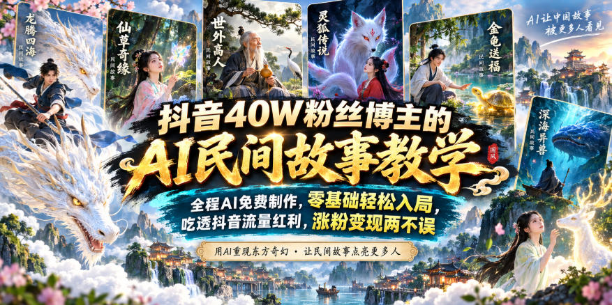 抖音40W粉丝博主的AI民间故事教学，全程AI免费制作，零基础轻松入局，吃透抖音流量红利，涨粉变现两不误-续财库