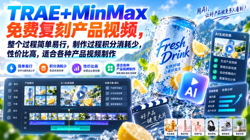TRAE+MinMax免费复刻产品视频，整个过程简单易行，制作过程积分消耗少，性价比高，适合各种产品视频制作-续财库