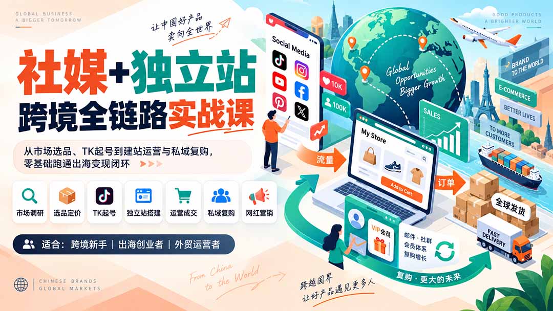 社媒+独立站跨境全链路实战课:从市场选品、TK起号到建站运营与私域复购,零基础跑通出海变现闭环-续财库