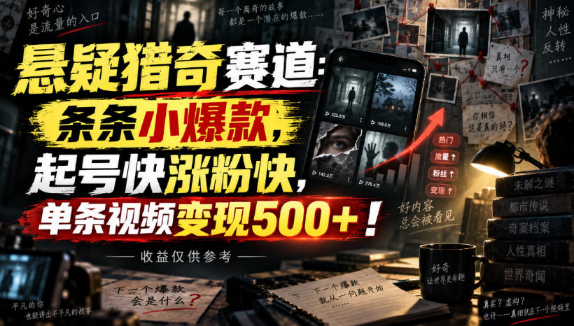 悬疑猎奇赛道:条条小爆款,起号快涨粉快,单条视频变现500+!收益仅供参考-续财库