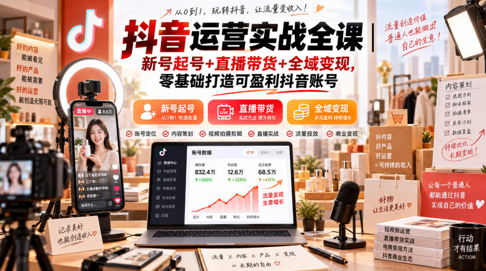 抖音运营实战全课｜新号起号+直播带货+全域变现，零基础打造可盈利抖音账号-续财库