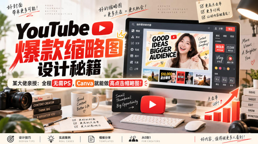 YouTube爆款缩略图设计秘籍,某油管大佬(610万订阅者)亲授,全程无需PS,Canva就能做高点击缩略图!【原创双语字幕】-续财库