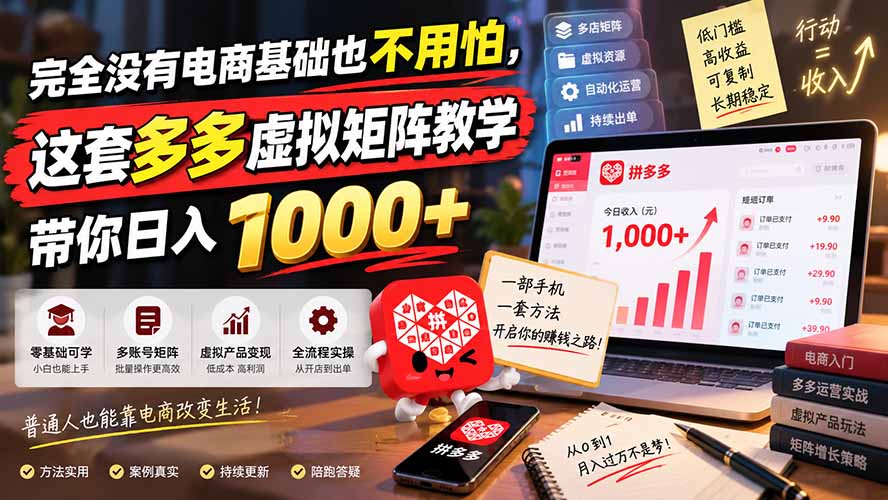 完全没有电商基础也不用怕，这套多多虚拟矩阵教学带你日入 1000+-续财库