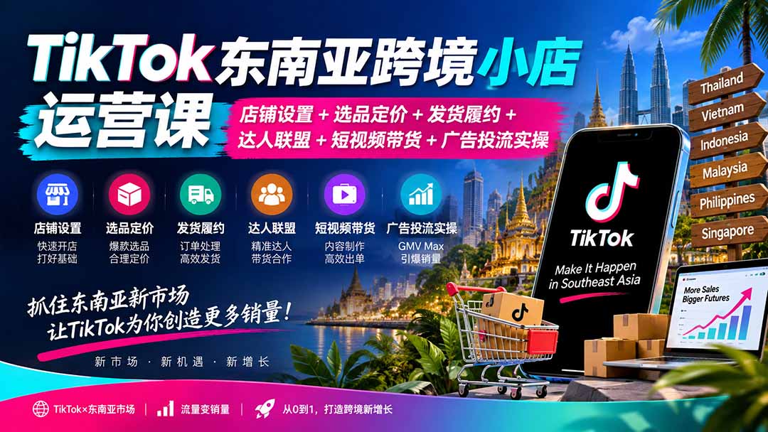 TikTok东南亚跨境小店运营课：店铺设置+选品定价+发货履约+达人联盟+短视频带货+广告投流实操-续财库