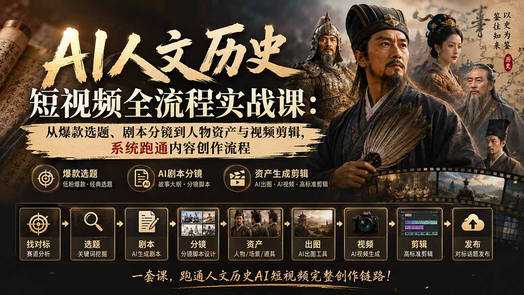 AI人文历史短视频全流程实战课-更新：从爆款选题、剧本分镜到人物资产与视频剪辑，系统跑通内容创作流程-续财库