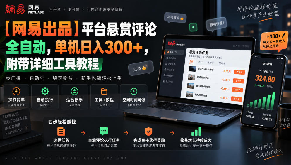 【网易出品】平台悬赏评论全自动,单机日入300+,附带详细工具教程【揭秘】-续财库
