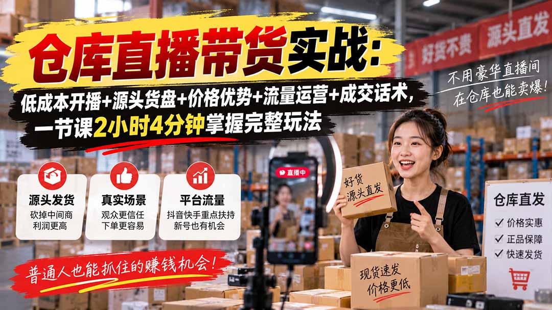 仓库直播带货实战：低成本开播+源头货盘+价格优势+流量运营+成交话术，一节课2小时4分钟掌握完整玩法-续财库