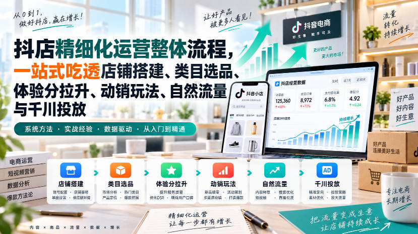 李哥电商-抖店精细化运营整体流程，一站式吃透店铺搭建、类目选品、体验分拉升、动销玩法、自然流量与千川投放-续财库