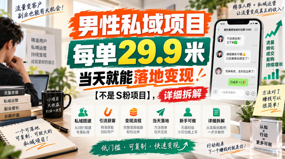男性私域项目,每单29.9米,当天就能落地变现【不是S粉项目】,详细拆解-续财库