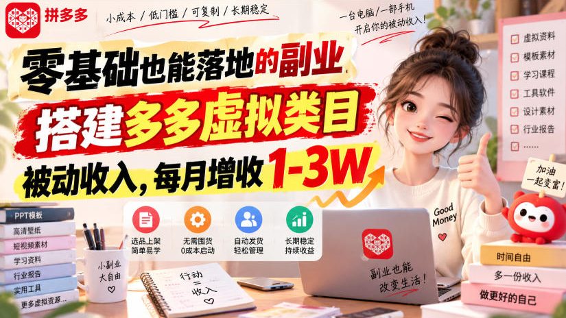 零基础也能落地的副业,搭建多多虚拟类目被动收入,每月增收1-3W【揭秘】-续财库