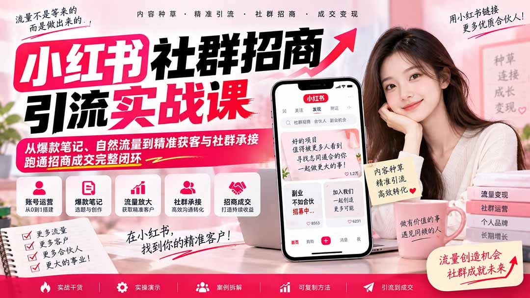 小红书社群招商引流实战课-无水印:从爆款笔记、自然流量到精准获客与社群承接,跑通招商成交完整闭环-续财库