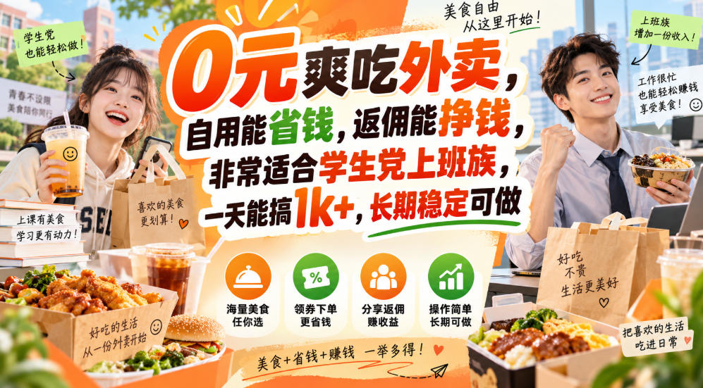 0元爽吃外卖,自用能省钱,返佣能挣钱,非常适合学生党上班族,一天能搞1k+,长期稳定可做-续财库