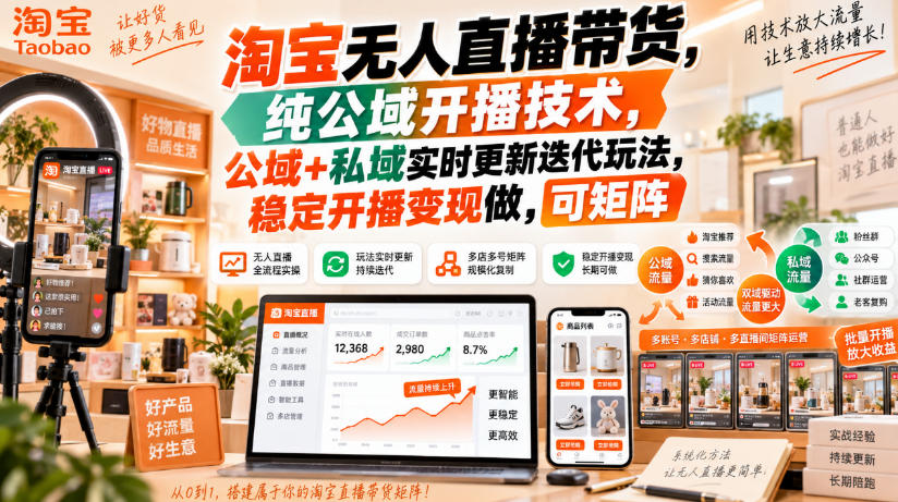 淘宝无人直播带货，纯公域开播技术，公域+私域实时更新迭代玩法，稳定开播变现做，可矩阵【揭秘】-续财库