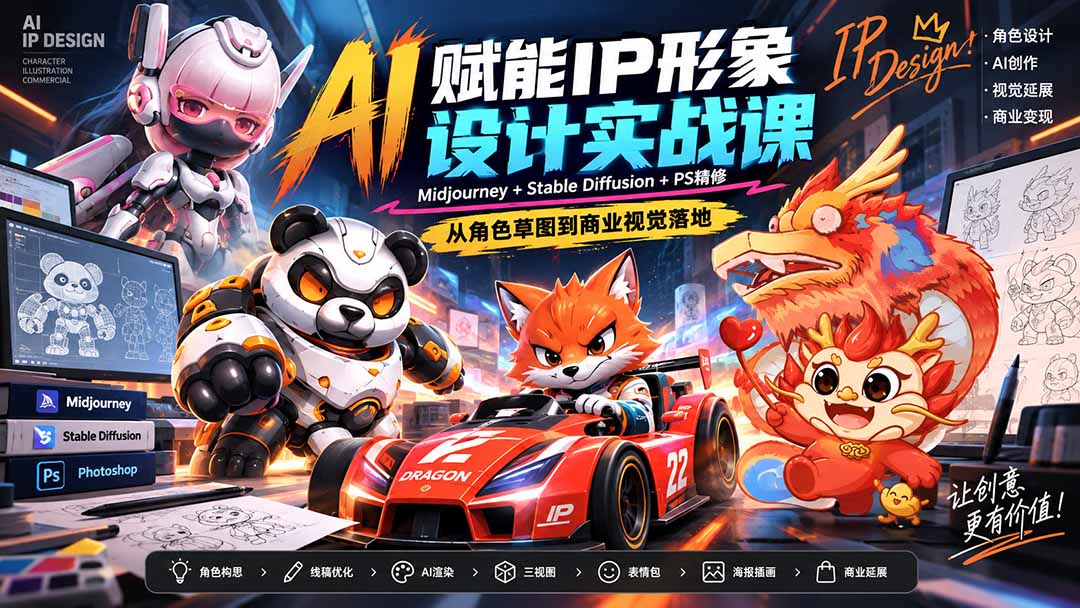 AI赋能IP形象设计实战课-无水印：Midjourney+Stable Diffusion+PS精修，从角色草图到商业视觉落地-续财库