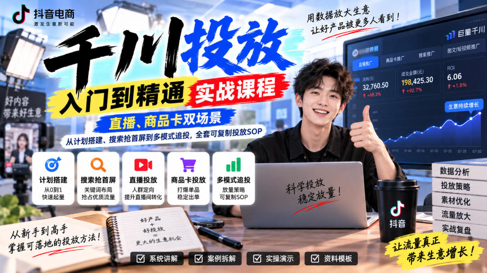 千川投放入门到精通实战课程，直播、商品卡双场景，从计划搭建、搜索抢首屏到多模式追投，全套可复制投放SOP-续财库