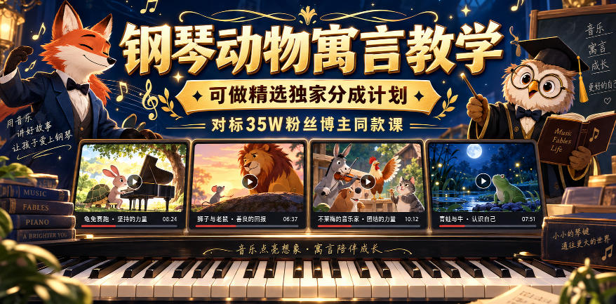 钢琴动物寓言教学，可做精选独家分成计划，对标35W粉丝博主同款课-续财库