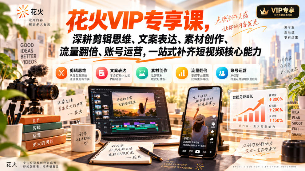 花火VIP专享课，深耕剪辑思维、文案表达、素材创作、流量翻倍、账号运营，一站式补齐短视频核心能力-续财库