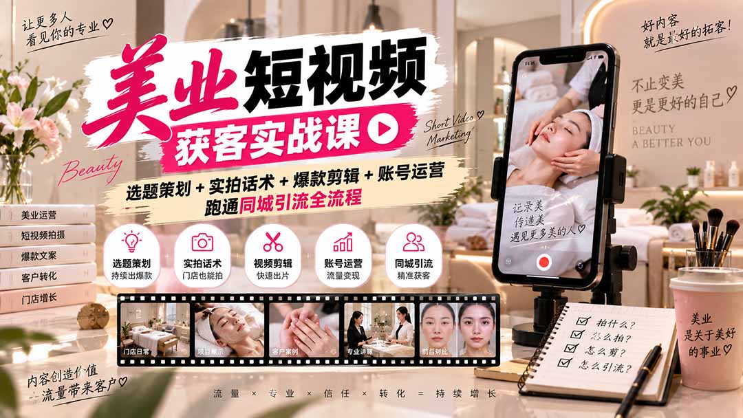 美业短视频获客实战课-无水印：选题策划+实拍话术+爆款剪辑+账号运营，跑通同城引流全流程-续财库