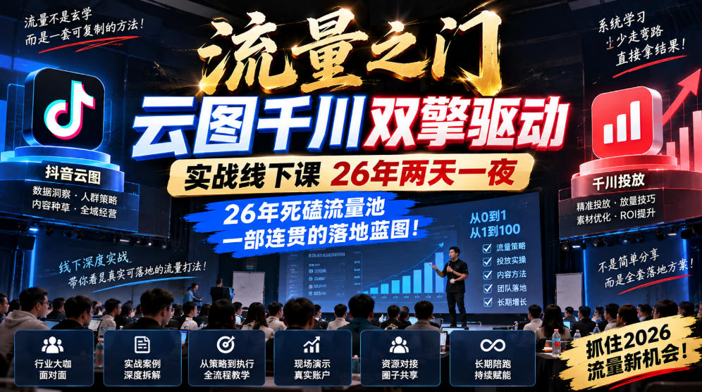 流量之门-云图千川双擎驱动实战线下课26年两天一夜，26年死磕流量池一部连贯的落地蓝图!-续财库
