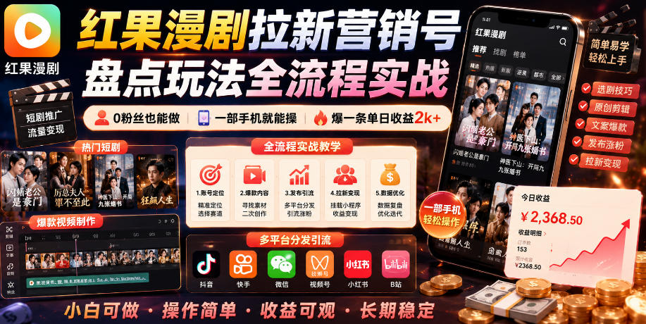 红果漫剧拉新营销号盘点玩法全流程实战，0粉丝也能做，一部手机就能做，爆一条单日收益2k+(更新0922)-续财库