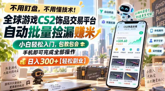 全球游戏CS2饰品交易平台自动批量捡漏賺米，小白轻松入门，包教包会，手机即可完成全部操作，日入300+【揭秘】-续财库