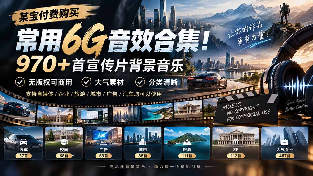 某宝付费购买，常用6G音效合集！970+首宣传片背景音乐，无版权可商用大气素材，分类清晰-续财库