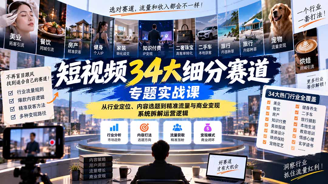短视频34大细分赛道专题实战课：从行业定位、内容选题到精准流量与商业变现，系统拆解运营逻辑-续财库