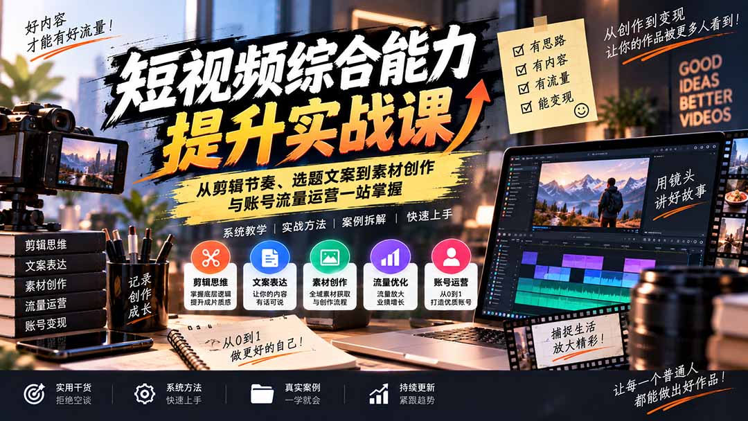 短视频综合能力提升实战课：从剪辑节奏、选题文案到素材创作与账号流量运营一站掌握-续财库
