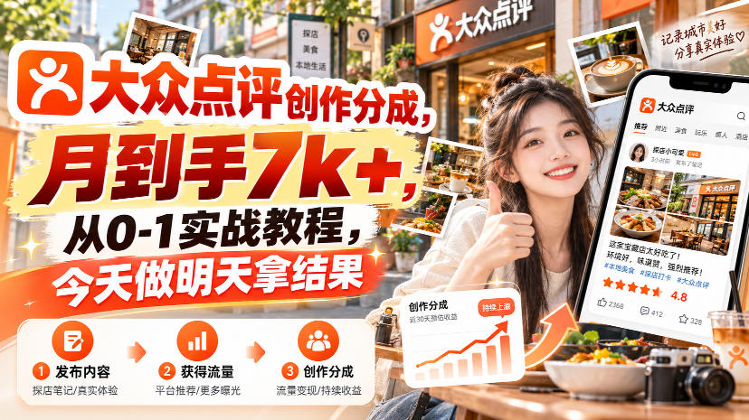 大众点评创作分成，月到手7k+，从0-1实战教程，今天做明天拿结果-续财库